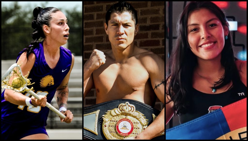Haudenosaunee Nationals Lacrosse player Bean Minard (photo by Charlie Ragusa), boxer George "Comanche Boy" Tahdooahnippah (photo by Colin Henderson) and college swimmer, Kaylah Yazzie (photo courtesy UNM Lobo Athletics)
