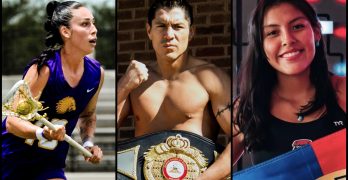 Haudenosaunee Nationals Lacrosse player Bean Minard (photo by Charlie Ragusa), boxer George "Comanche Boy" Tahdooahnippah (photo by Colin Henderson) and college swimmer, Kaylah Yazzie (photo courtesy UNM Lobo Athletics)